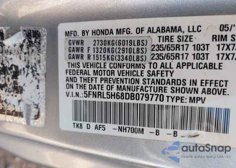 2013 Honda Odyssey Ex-L из США, поврежденный, VIN 5FNRL5H68DB079770